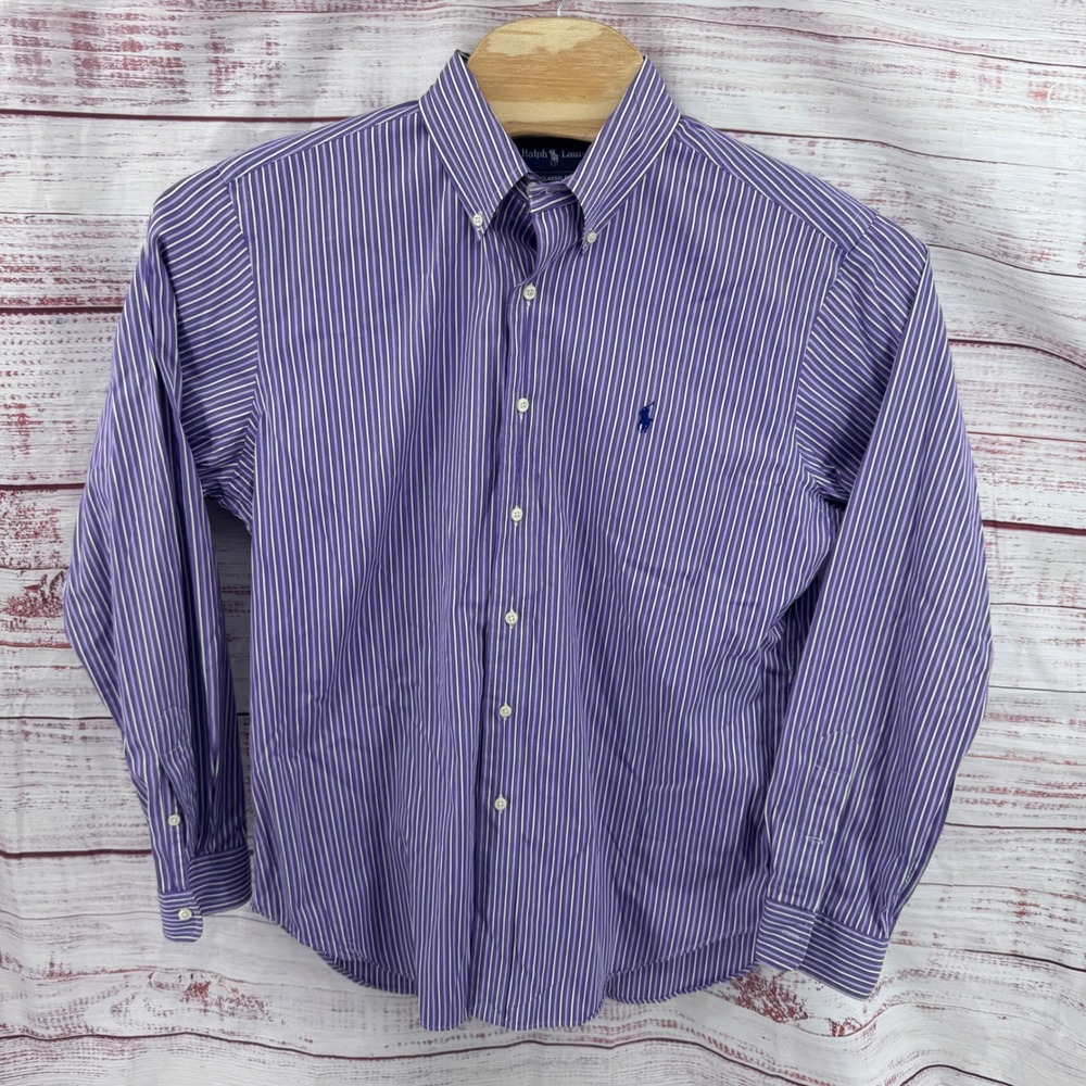 Ralph Lauren Shirt Mens Large Classic Fit Purple White Striped Button Down